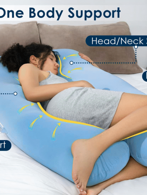 Premium blue maternity pillow with soft cotton cover for expecting mothers