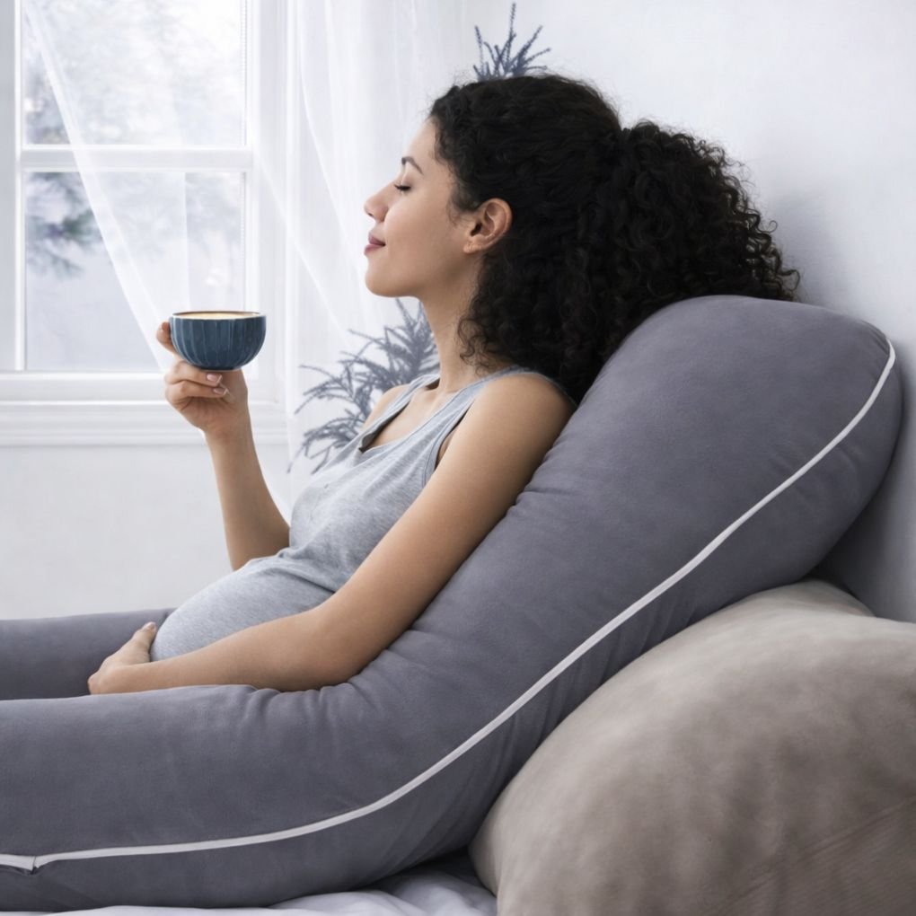 U-shaped maternity pillow in grey offering side-sleeping support for pregnant women