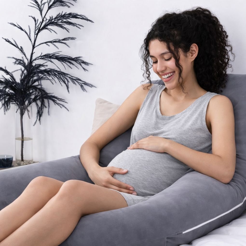 Pregnant woman sleeping comfortably with grey U-shaped pregnancy pillow for back, belly, and leg support