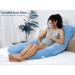 Light blue pregnancy pillow designed specifically for side sleepers providing full body support