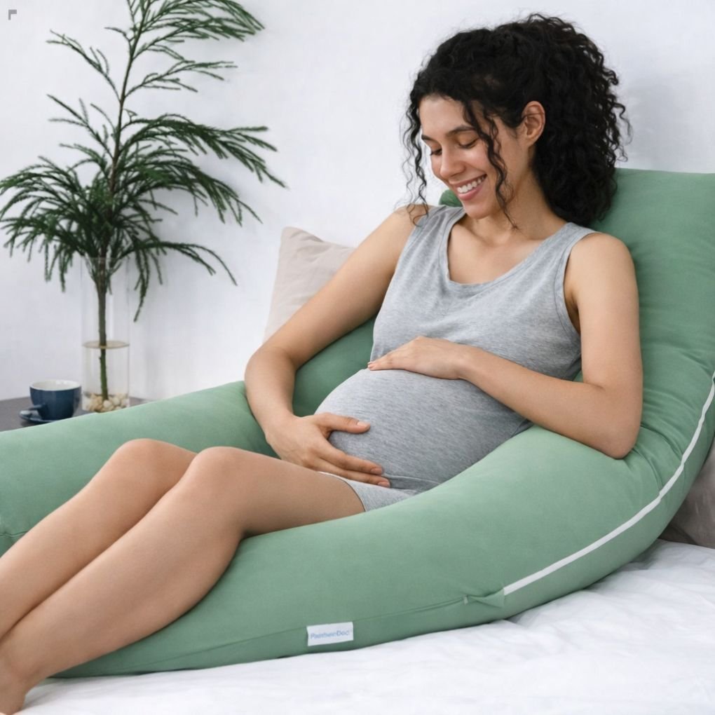 Green U-shaped maternity pillow providing side-sleeping support for pregnant women