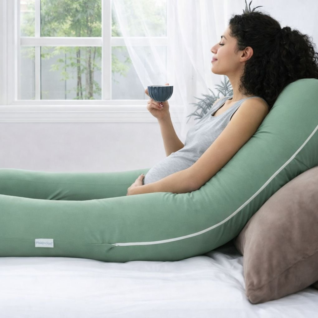 Pregnant woman sleeping comfortably with green U-shaped pregnancy pillow for back, belly, and leg support