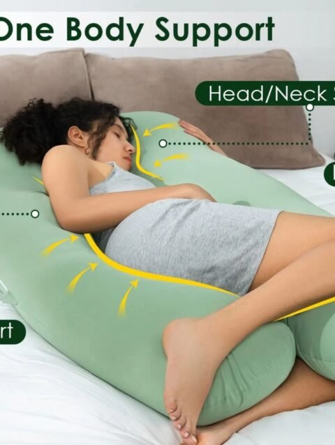 U-shaped pregnancy pillow providing 360° body support for pregnant women, helping with back, belly, and hip alignment.