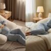 Woman learning how to sleep with pregnancy pillow for comfort, back, belly, and hip support