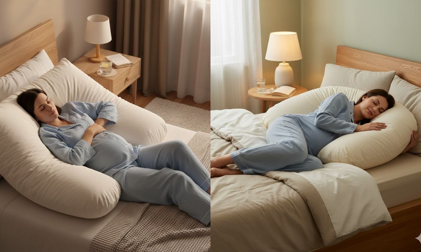Woman learning how to sleep with pregnancy pillow for comfort, back, belly, and hip support