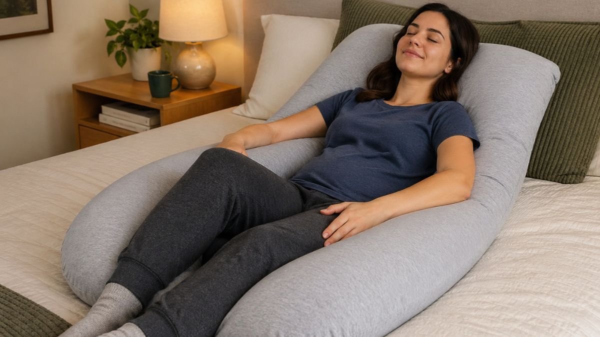 Non-pregnant person comfortably using a U-shaped pregnancy pillow for back and hip support