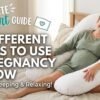 Woman using a pregnancy pillow in different positions for sleep, back support, and relaxation