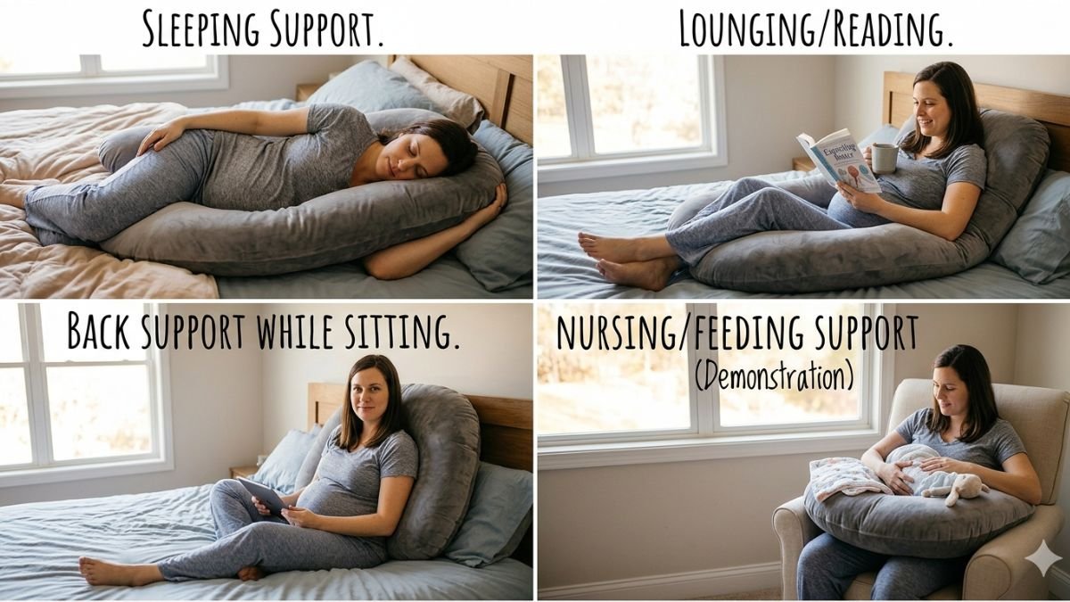 Pregnant woman demonstrating different uses of a U-shaped pregnancy pillow including sleeping, lounging, and sitting support