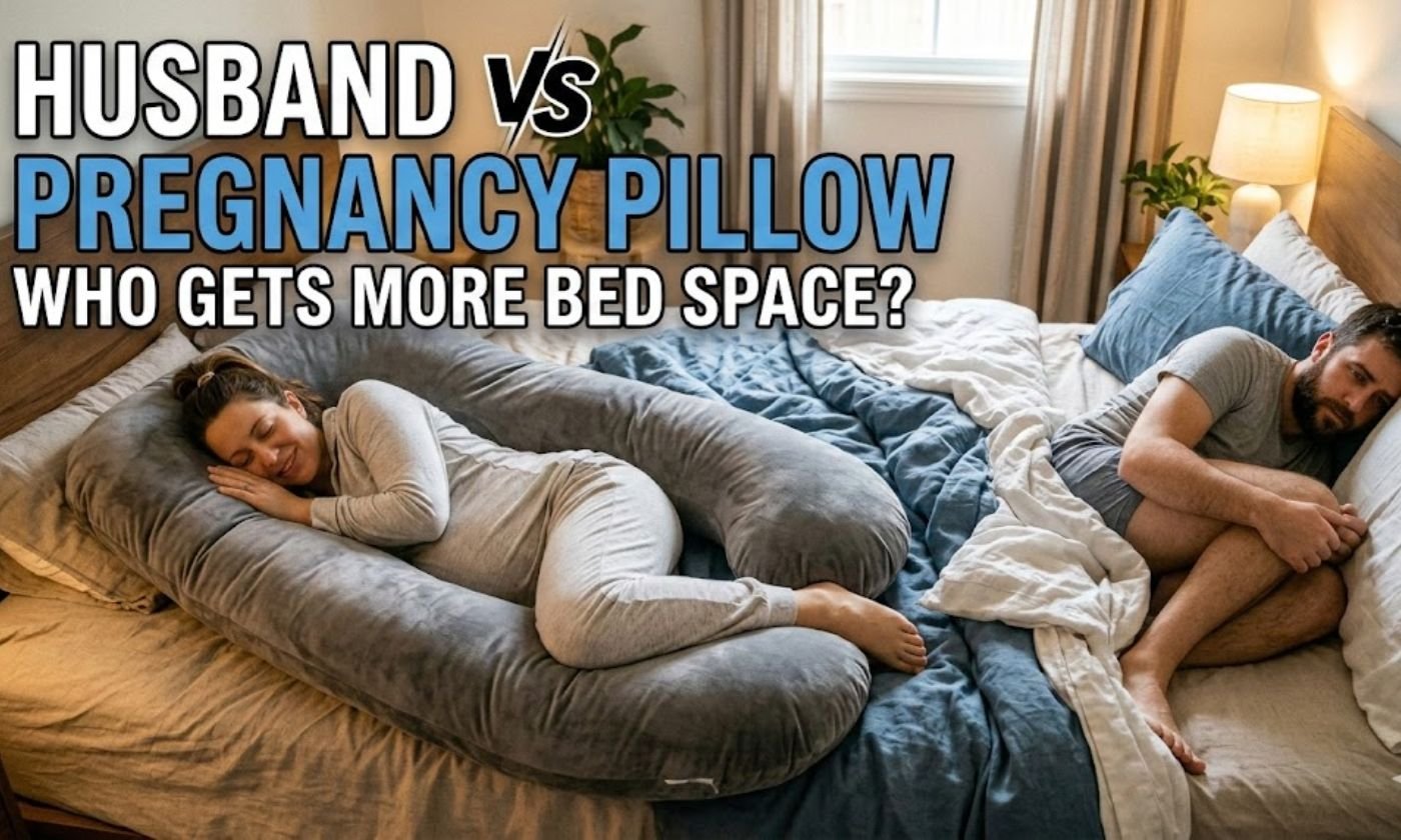 Pregnant woman sleeping with a pregnancy pillow while her husband struggles for bed space