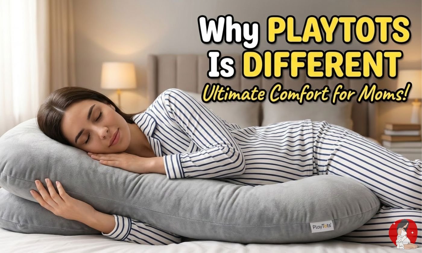 Pregnant woman sleeping comfortably with PlayTots Brand Pregnancy Pillow for full body support