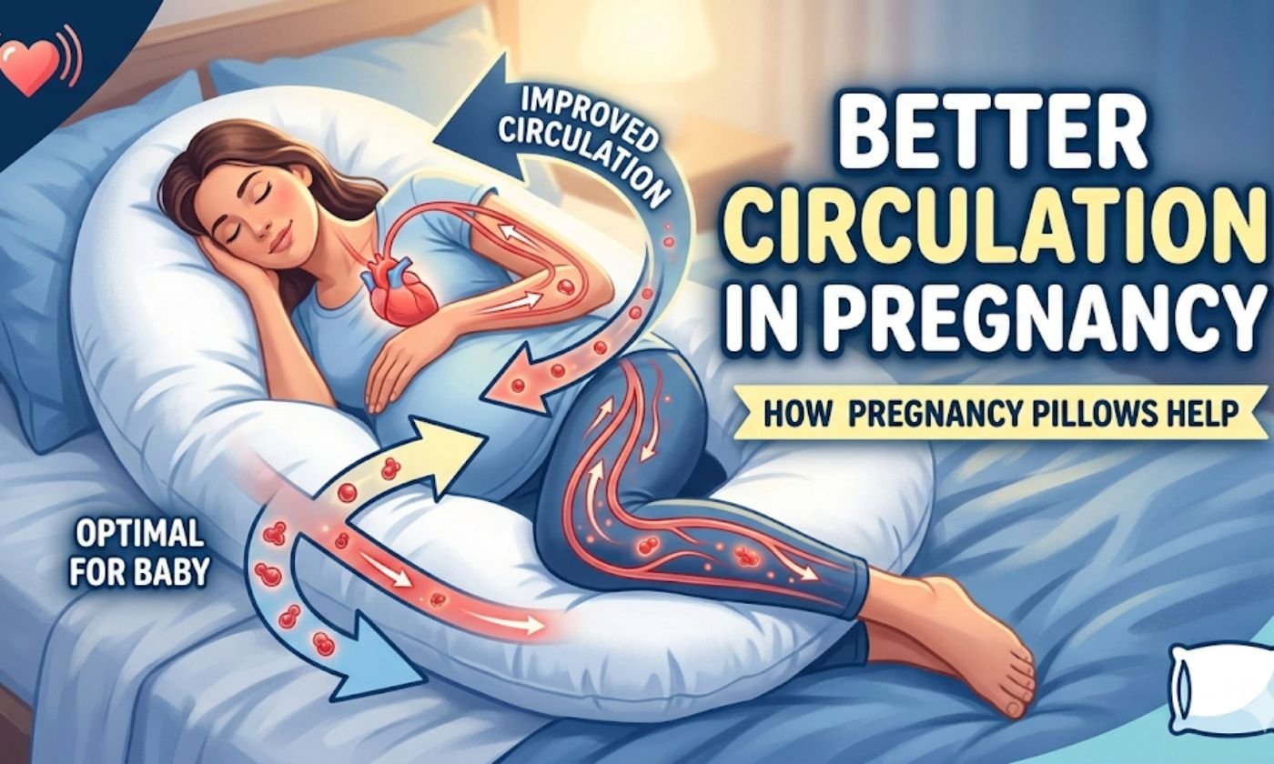 Pregnant woman sleeping comfortably with a pregnancy pillow to improve blood circulation and support side sleeping during pregnancy
