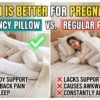 Pregnant woman sleeping comfortably with a pregnancy pillow compared to regular pillows for support