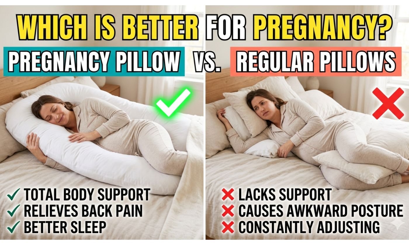 Pregnant woman sleeping comfortably with a pregnancy pillow compared to regular pillows for support