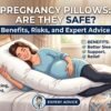 Pregnant woman sleeping comfortably on her side using a pregnancy pillow for belly and back support