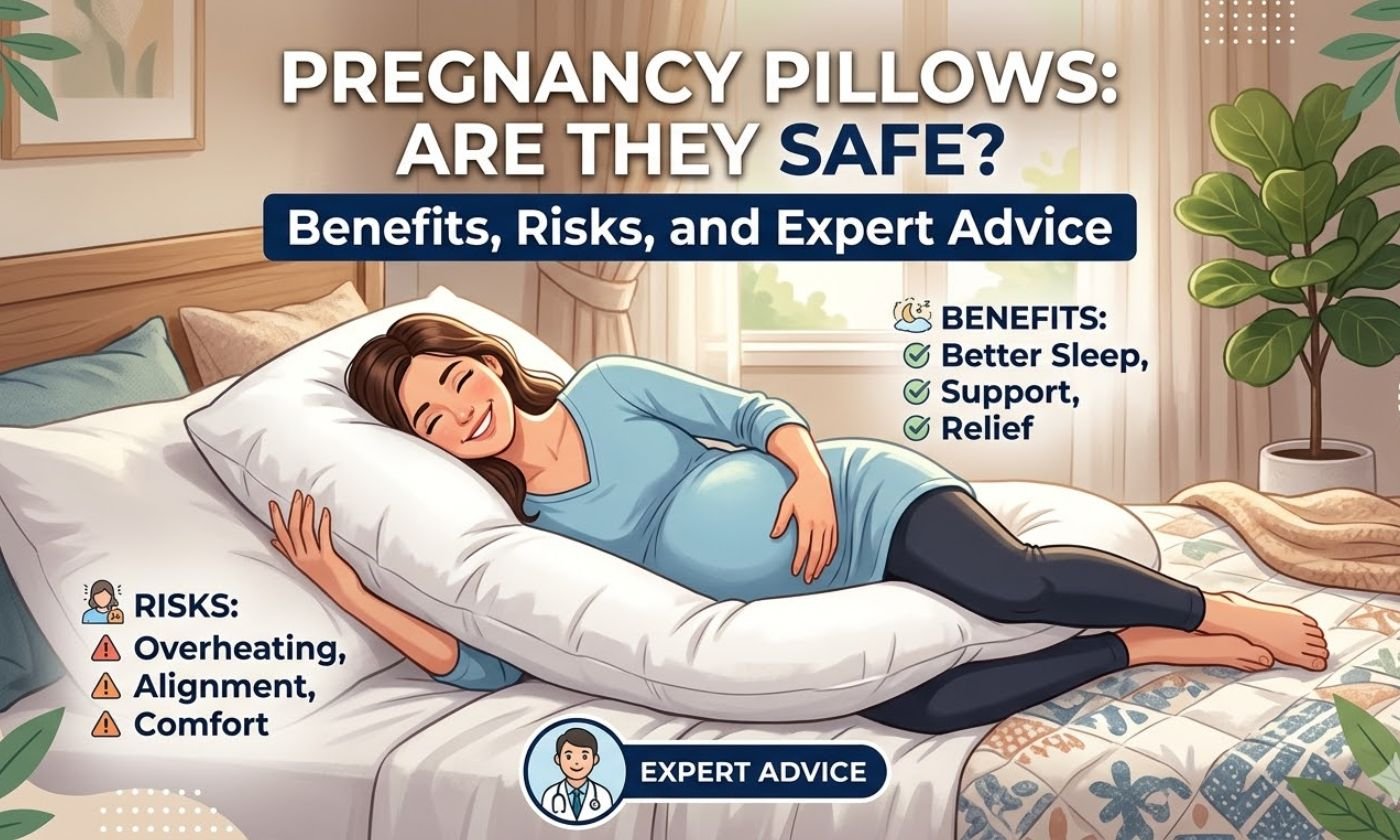 Pregnant woman sleeping comfortably on her side using a pregnancy pillow for belly and back support