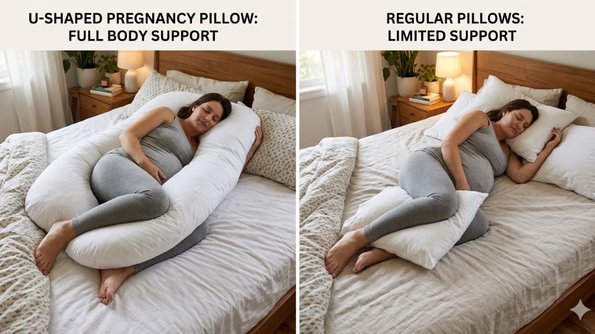 Comparison of a U-shaped pregnancy pillow and a regular pillow on a bed showing the difference in body support during pregnancy