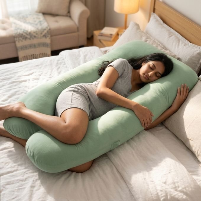 Pregnant woman using a U-shaped pregnancy pillow for comfortable sleep