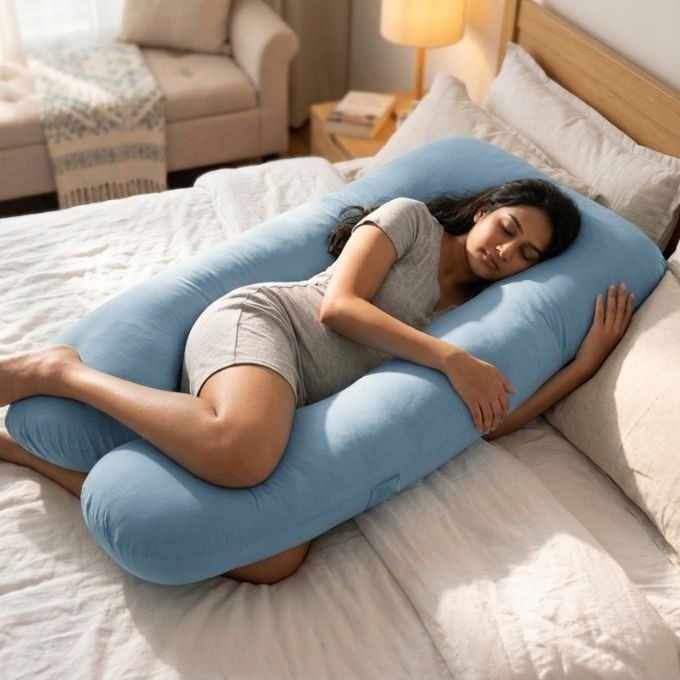 Close-up of soft velvet pregnancy pillow cover with hypoallergenic filling