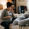 Tired pregnant woman looking thoughtfully at a pregnancy pillow trying to decide if she needs one