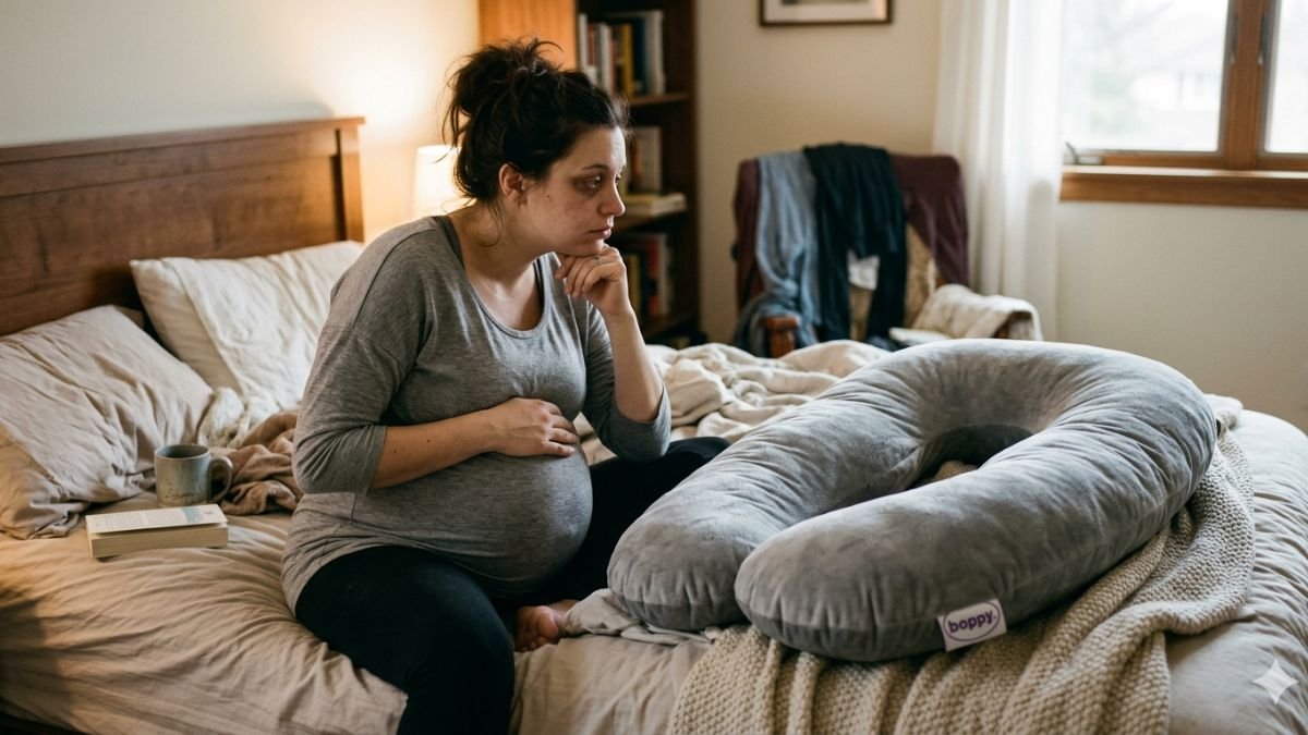 Tired pregnant woman looking thoughtfully at a pregnancy pillow trying to decide if she needs one