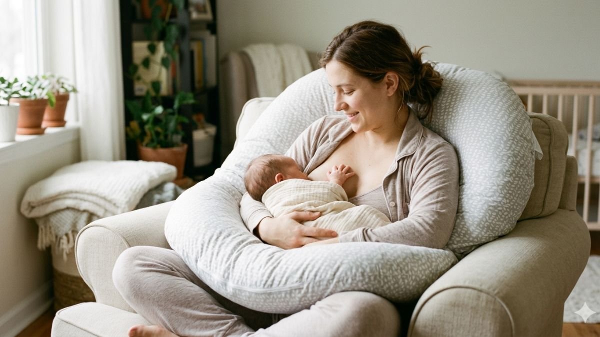 New mother breastfeeding her newborn baby while using a U-shaped pregnancy pillow as nursing support